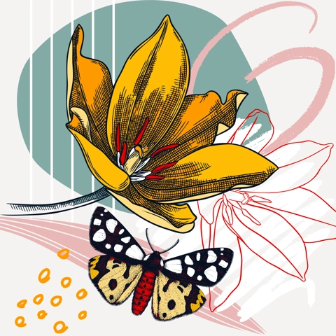 Collage style tulips vector illustration. Hand-sketched spring flower and butterfly. Trendy design with floral, geometric shapes, abstract elements. Perfect for print, poster, card, wall art, cards